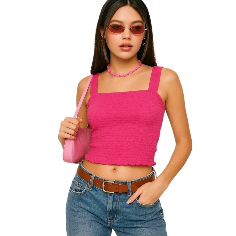 Paper Crane Smocked Tube Tank Top Pink Textured Stretch Crop Y2K Lettuce Hem S